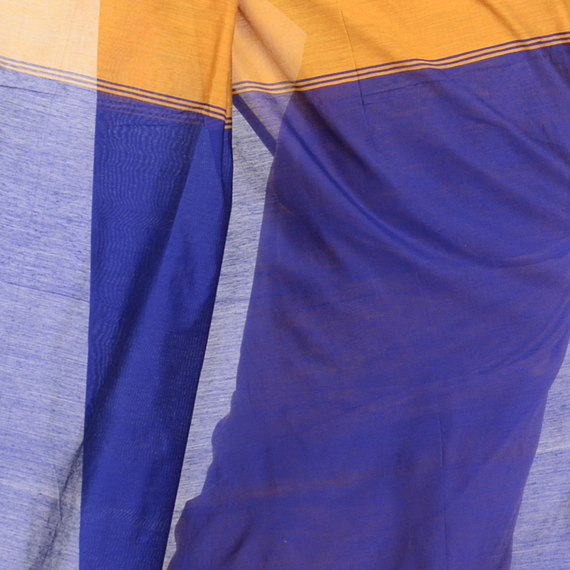 DESH BIDESH Women`s Bengal Half Half Ghicha Handloom Cotton Silk Saree With Blouse Piece (Mustard Yellow Blue)